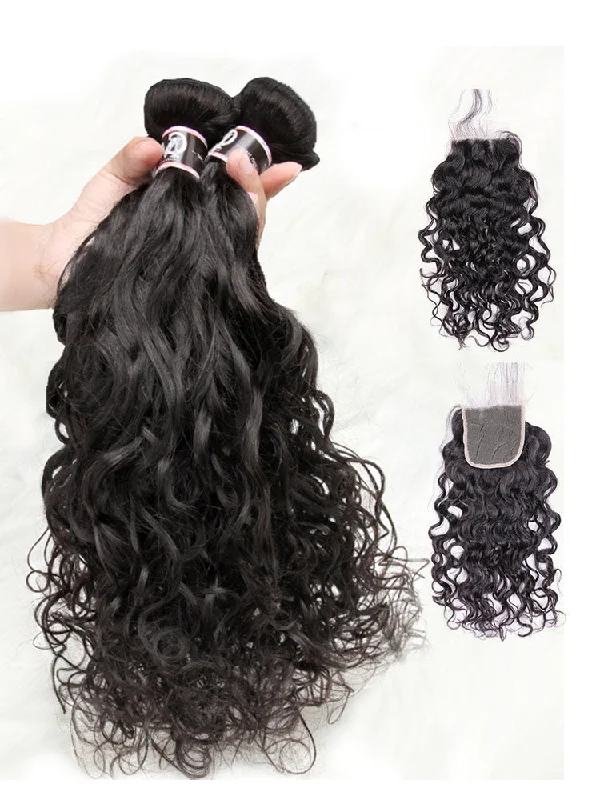 Wavy wig with a silk - base cap for a comfortable and smooth feelCurlyMe Natural Wave Virgin Human Hair 4 Bundles with 4x4/5x5 Closure Natural Black