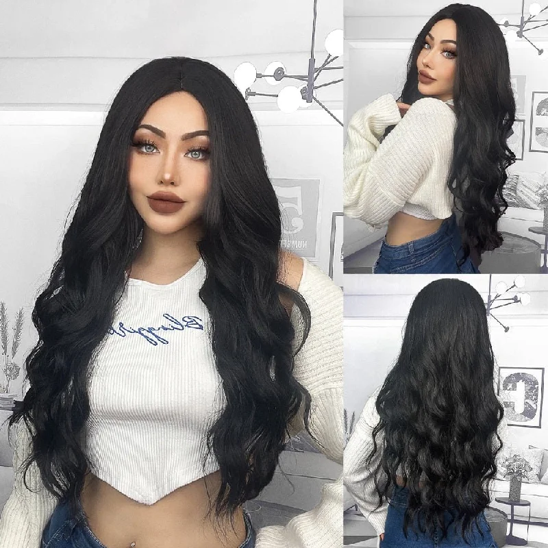 Wavy wig with a water - wave texture for a unique and stylish choiceWavy Long Black Synthetic Wigs