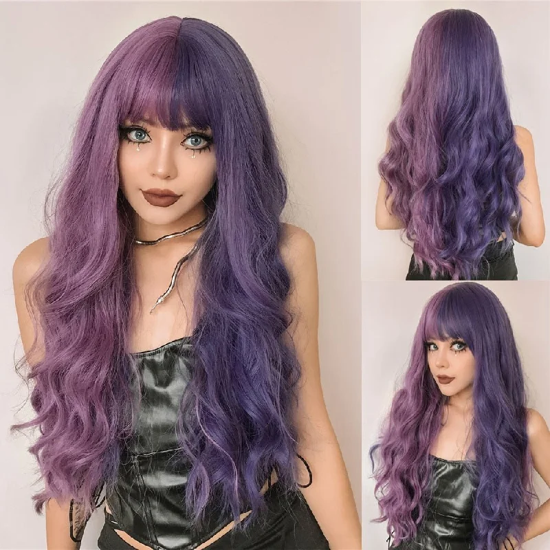 Wavy wig with a pre - styled curl pattern for convenienceWavy Purple Ombre Wigs with Bangs