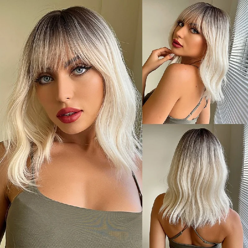 Wavy wig with a pre - bleached knot for a natural - looking scalpWhite Blonde Black Root with Bangs Wigs