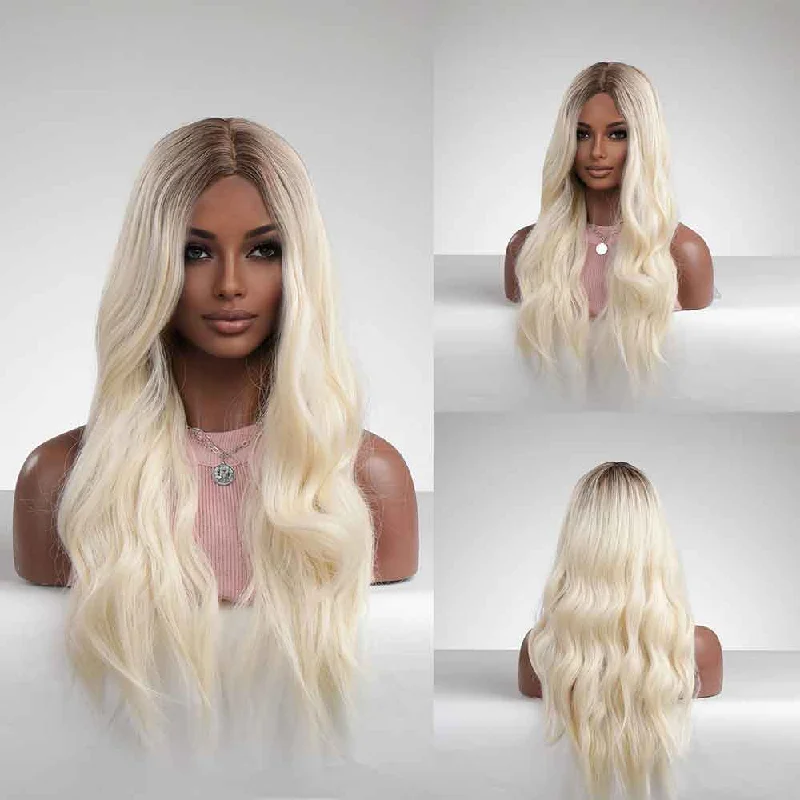 Wavy wig with a side - part for a more flattering lookWhite Blonde Long Wavy Synthetic Wig