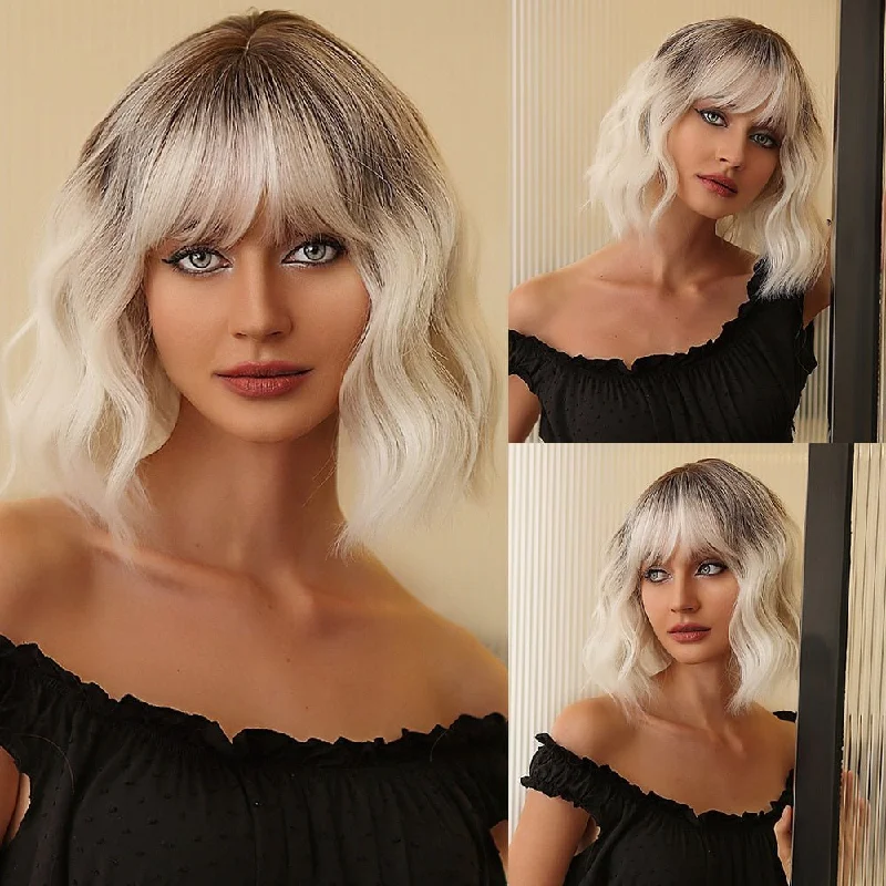 Heat - resistant wavy wig for easy styling at homeWhite Blonde Synthetic Wig with Bangs