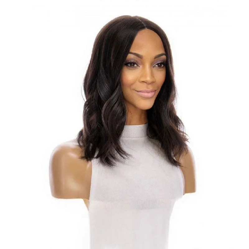 Short wig with a wavy texture for a beachy and relaxed look16" Divine Luxe Lace Top Topper #1B Black