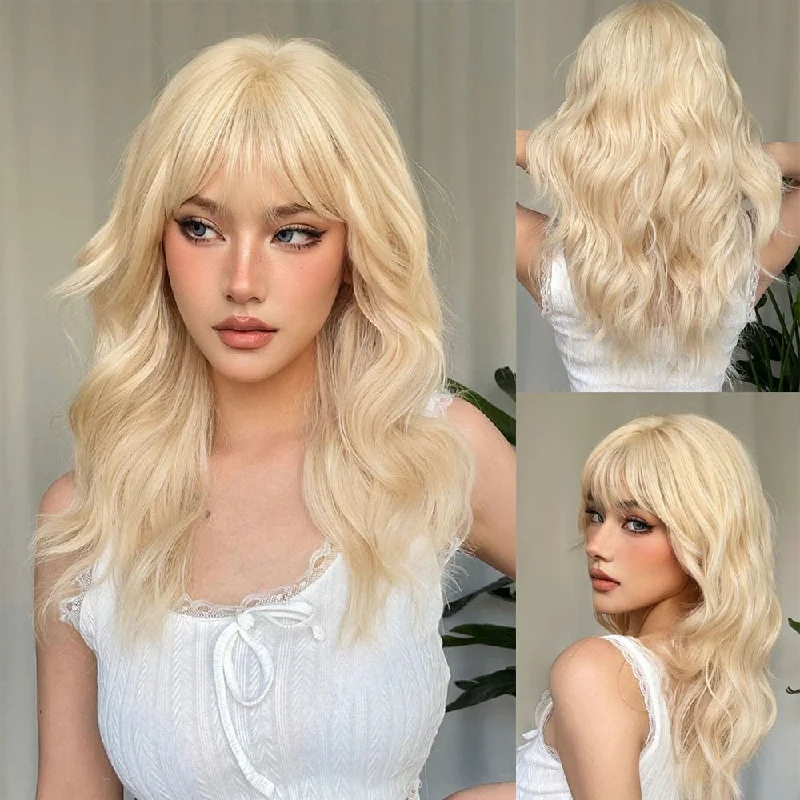 Wavy wig with a water - wave texture for a unique and stylish choiceBlonde Synthetic Wig for Women Long Wave Wigs with Bangs