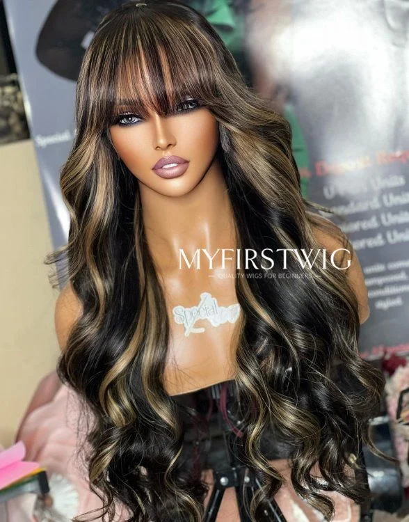 Glueless wig with a honey - blonde color for a warm and sunny appearance16-20 Inch Blonde Highlight with Bangs Wavy Glueless Human Hair Lace Wig / Closure Wig - SPE036