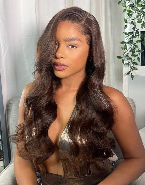 Glueless wig with a pre - plucked hairline for a more natural look16-20 Inch Brown Glam Wavy Glueless Human Hair Lace Wig / Closure Wig - PE005