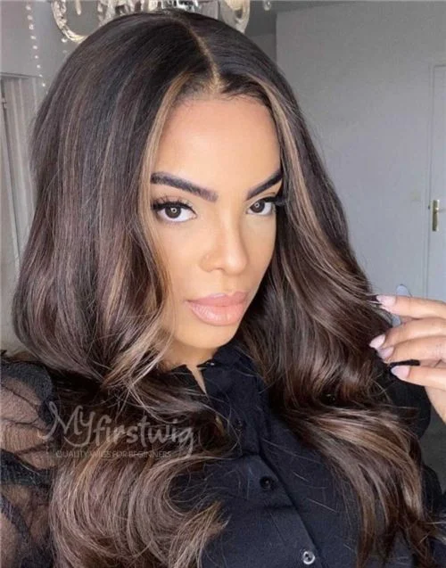 Glueless wig with a middle - part for a classic and elegant style16-20 Inch Brown Highlight Wavy Glueless Human Hair Lace Wig / Closure Wig - Lilvanilla LFW054