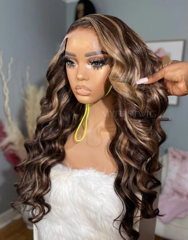 Glueless wig with a 4x4 lace closure for a secure fit16-20 Inch Brown Highlight Wavy Glueless Human Hair Lace Wig / Closure Wig - OPH033