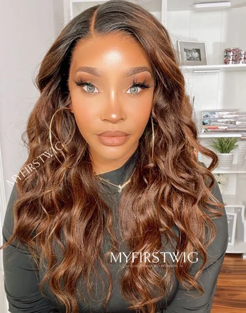 Glueless human - hair wig for a comfortable and natural feel16-20 Inch Ombre Brown Wavy Glueless Human Hair Lace Wig / Closure Wig - Angelina LFW084