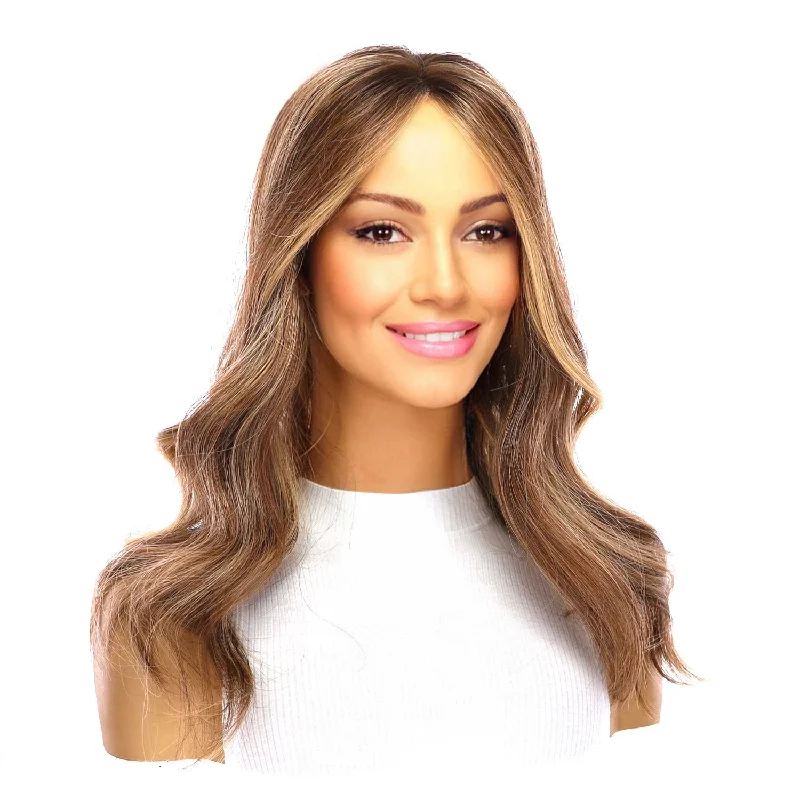 Human - hair medium - length wig for a natural and luxurious feel18" Emerald Silk Top Topper Medium Brown w/ Highlights