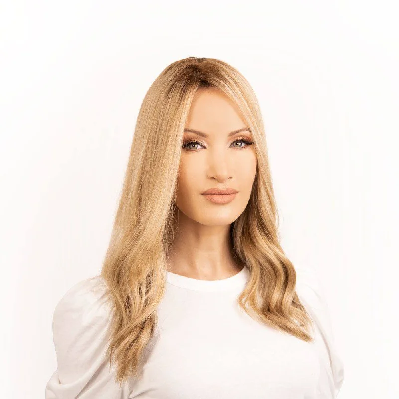 Medium - length wig with a middle - part for a classic and elegant style18" Emerald Silk Top Topper Ash Blonde