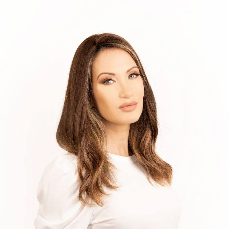 Medium - length wig with a middle - part for a classic and elegant style18" Emerald Silk Top Topper Medium Brown Balayage