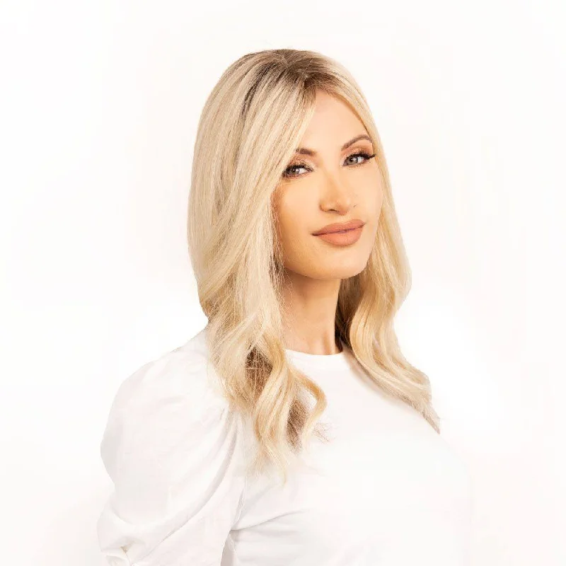 Medium - length wig with a pre - plucked hairline for a more natural look18" Topaz Lace Top Topper Platinum Blonde