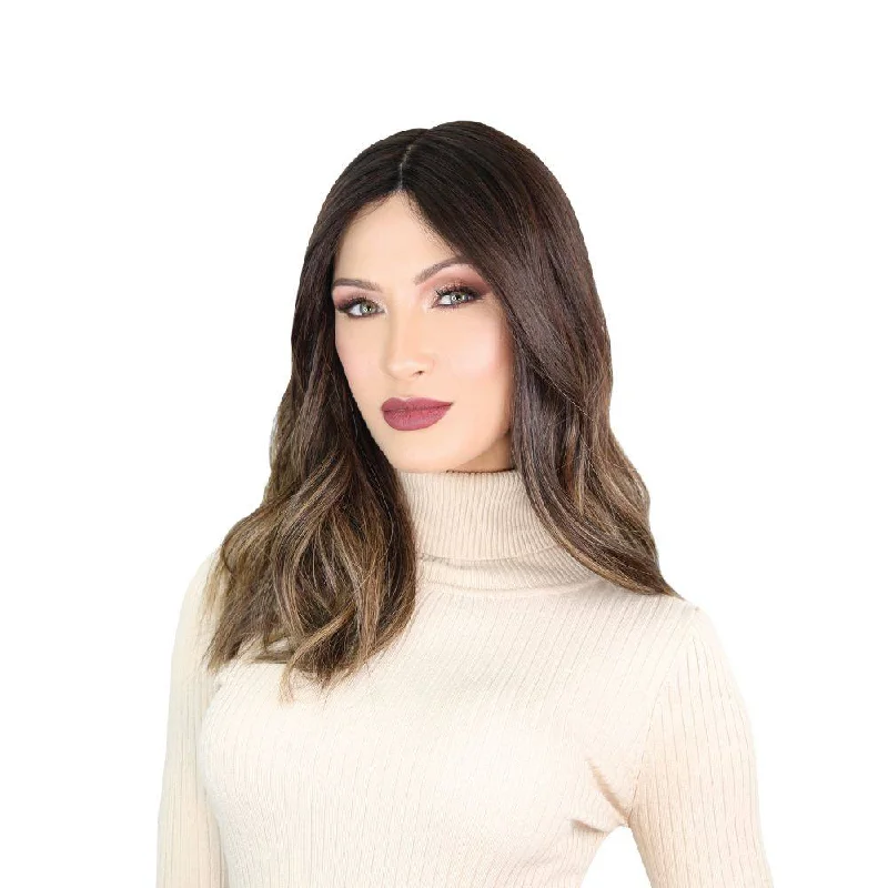 Medium - length wig with a curly texture for a bold and stylish choice19" Nicole Silk Top Wig Dark Brown Balayage w/ Partial Rooting