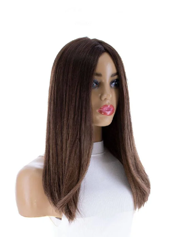 Medium - length wig with a silk - base cap for a comfortable and smooth feel19" Nicole Silk Top Wig Medium Brown Balayage