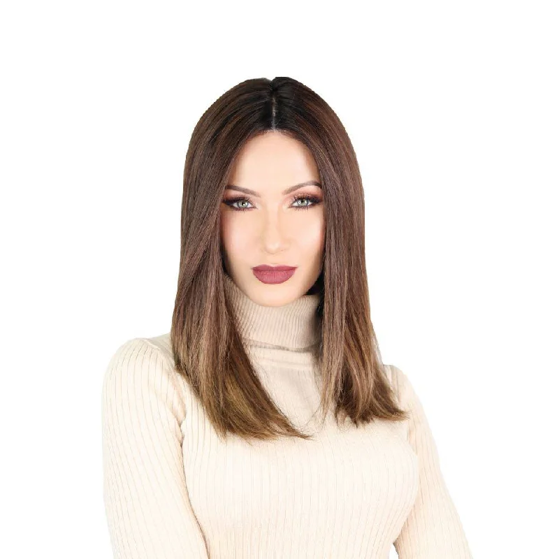 Medium - length wig with a silk - base cap for a comfortable and smooth feel19" Nicole Silk Top Wig Medium Brown Balayage w/ Rooting