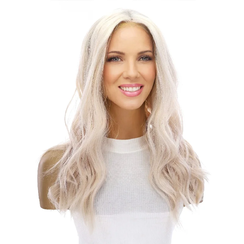 Medium - length wig with a pre - bleached knot for a natural - looking scalp20" Divine Lace Top Topper Ice Blonde