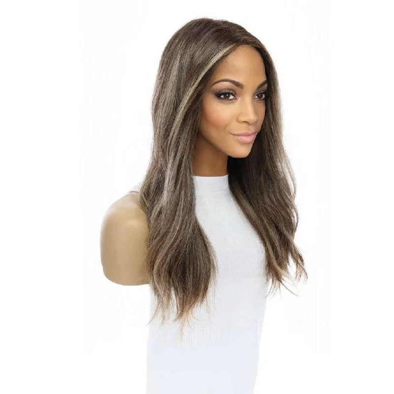 Medium - length wig with a wavy texture for a beachy and relaxed look20" Divine Luxe Lace Top Wig #Dark Brown w/ Ash Balayage