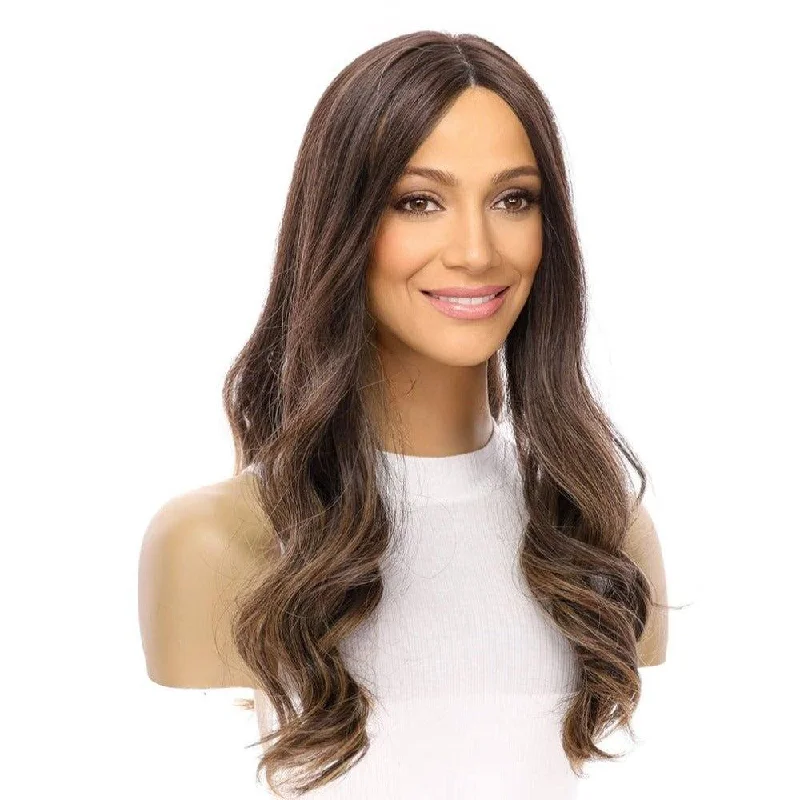 Medium - length wig with a middle - part for a classic and elegant style20" Onyx Silk Top Topper Dark Brown Balayage