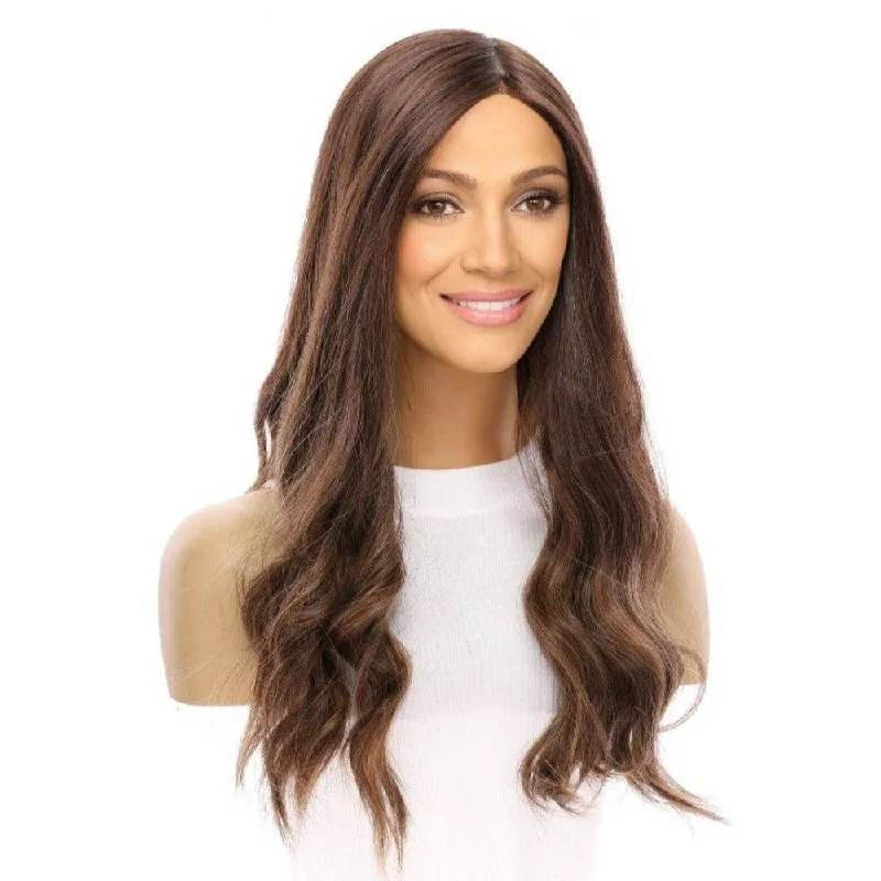 Medium - length wig with a curly texture for a bold and stylish choice20" Onyx Silk Top Topper Medium Brown Balayage