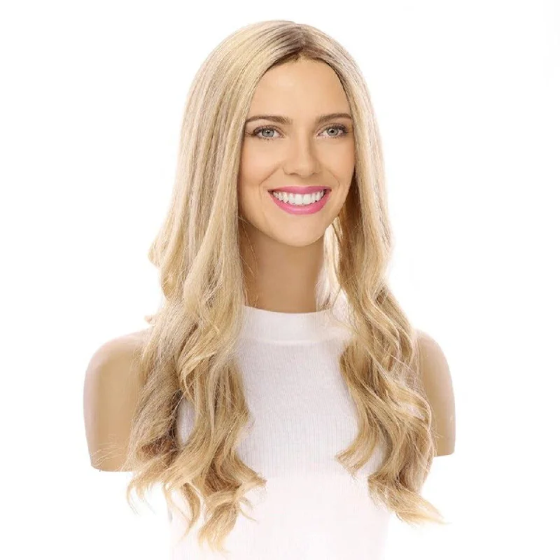 Medium - length wig with a natural - looking root for a more realistic look20" Onyx Silk Top Topper Platinum Blonde