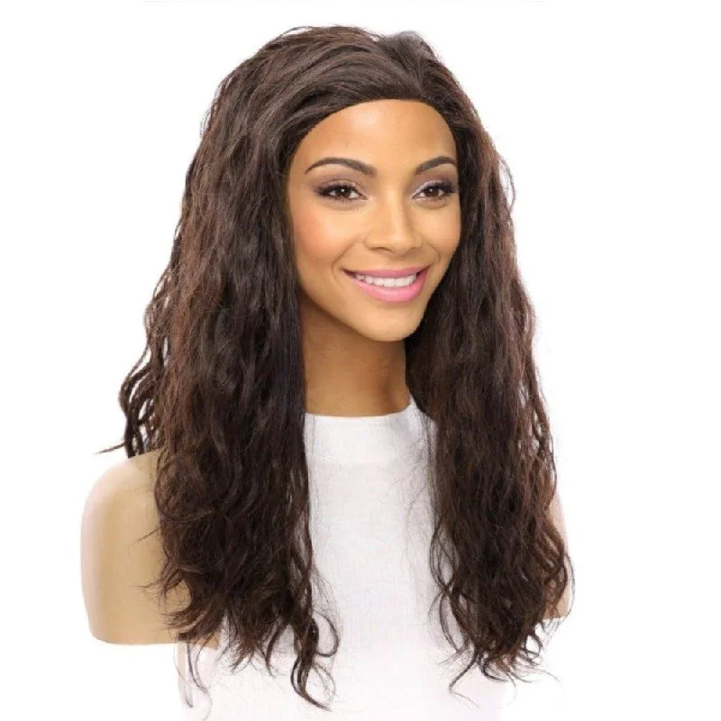 Medium - length wig with a wavy texture for a beachy and relaxed look20" 3/4 Bandfall Wig Dark Brown Wavy