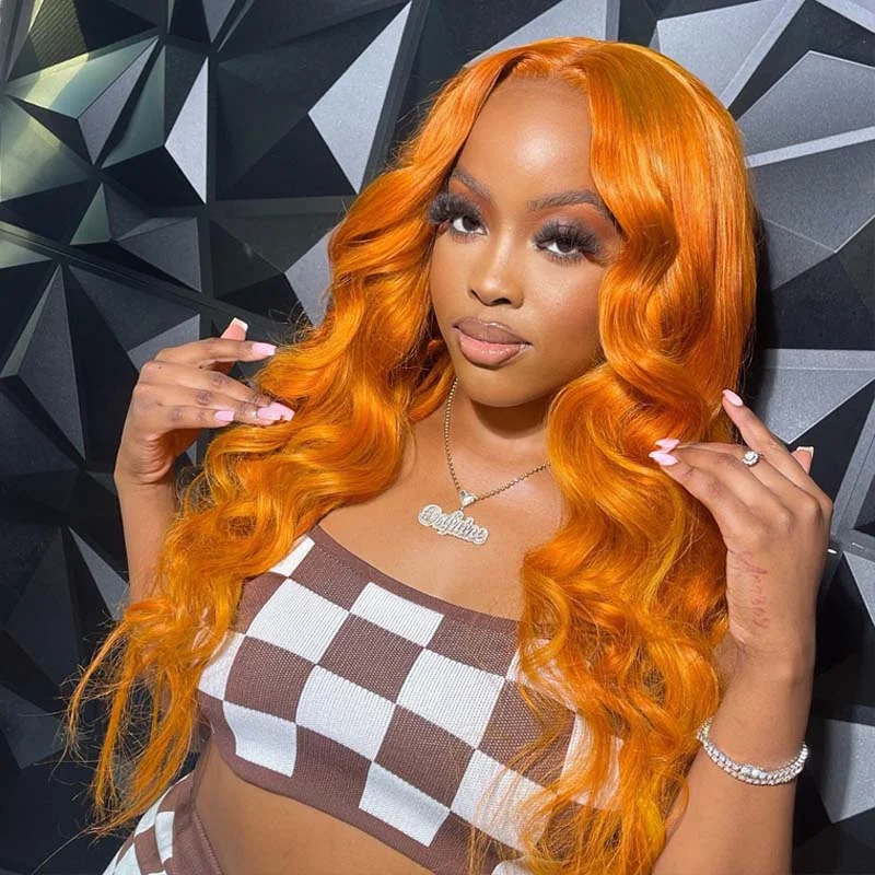 Glueless wig with a middle - part for a classic and elegant styleeullair #350 Orange Layered Cut Body Wave Wavy Wig Gluelesss Pre Colored Human Hair Lace Frontal Wig