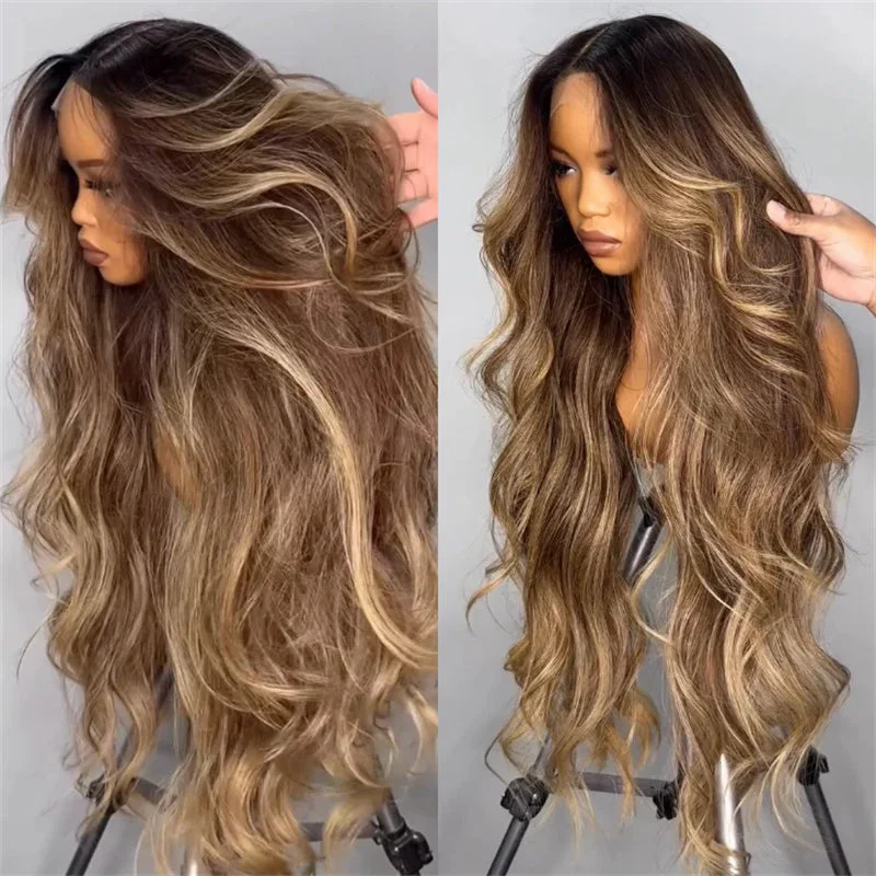 Glueless wig with a honey - blonde color for a warm and sunny appearanceeullair Balayage Highlight Mixed Honey Blonde Loose Wavy Human Hair Wig Glueless Lace Frontal Wig For Women