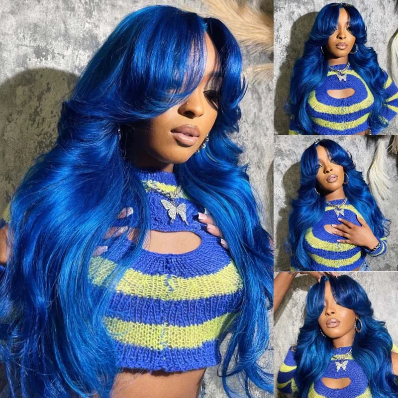 Glueless wig with a wavy texture for a beachy lookeullair Blue Body Wave Wavy with Layered Curtain Bangs Wig Blue Straight Human Hair Glueless Lace Frontal Wig