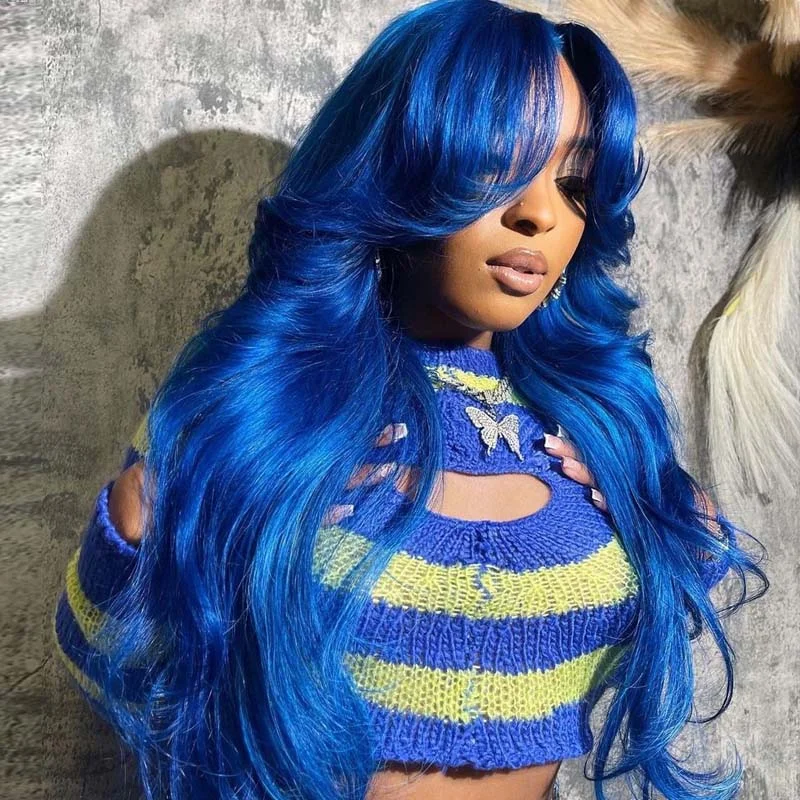 Blue Body Wave Wavy with Layered Curtain Bangs