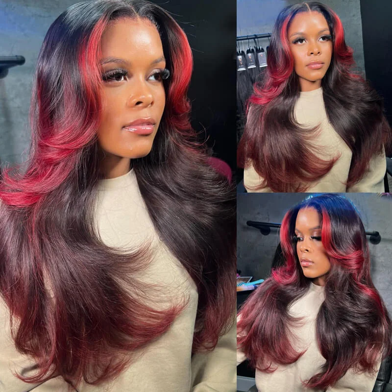 Glueless lace - front wig with a natural - looking hairlineeullair Ombre Burgundy Red Body Wave with Layered Butterfly Skunk Stripe Wig Transparent Lace Frontal Human Hair Wig