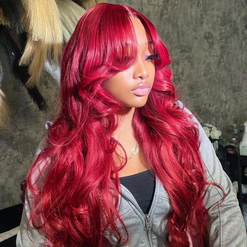 Glueless wig with a silk - base cap for a comfortable and smooth feeleullair Burgundy Red Body Wave with Layered Cut Curtain Bangs Wig Human Hair Glulesss Lace Frontal Wig