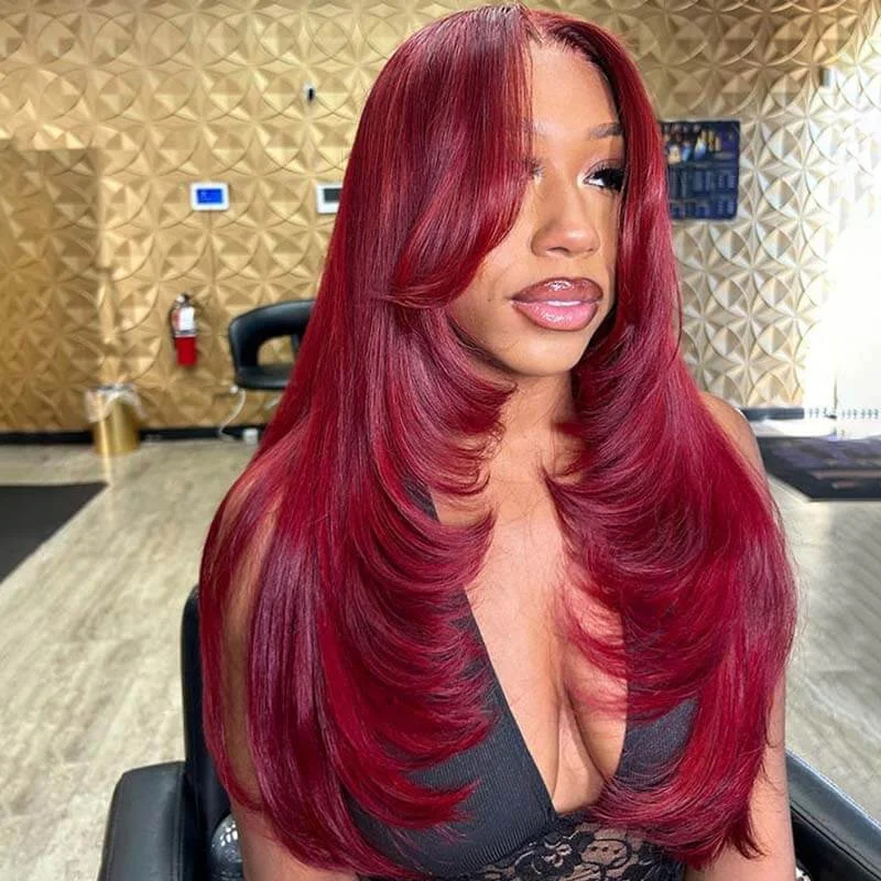 Glueless wig with a straight texture for a sleek and minimalist lookeullair Burgundy Red Straight Wig with Curtain Bangs Glueless Layered Cut Human Hair Lace Frontal Wig