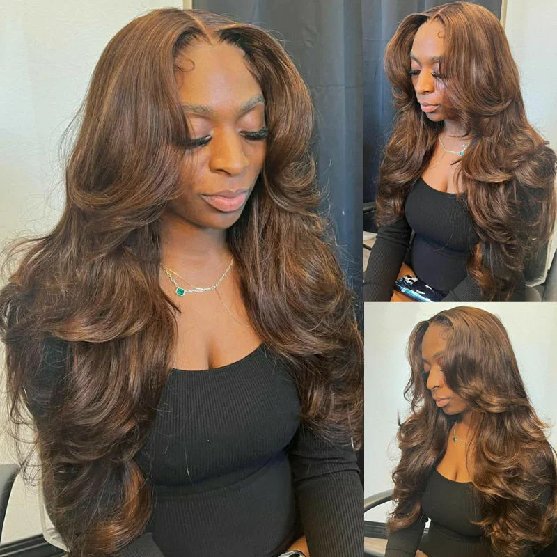 Glueless wig with a pre - bleached knot for a natural - looking scalpeullair Chocolate Brown Body Wave with Layered Cut Curtain Bangs Wig Glueless Colored Human Hair Lace Frontal Wig