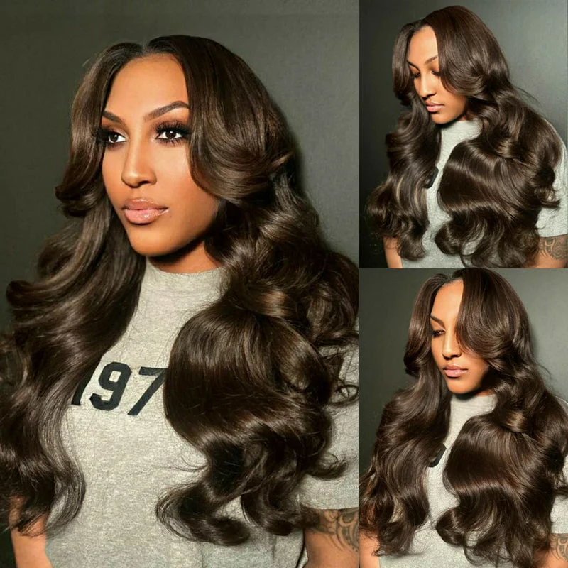 Glueless wig with a curly texture for a bold and stylish choiceeullair Coco Brown Body Wave with Layered Cut Curtain Bangs Wig Glueless Colored Human Hair Lace Frontal Wig