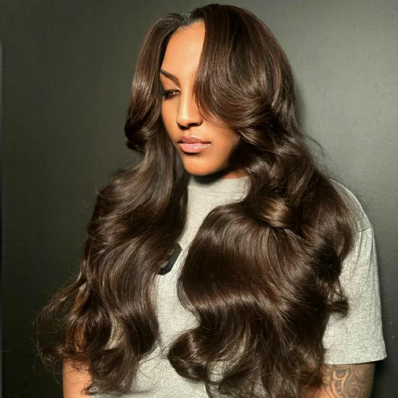 Coco Brown Body Wave with Layered Curtain Bangs