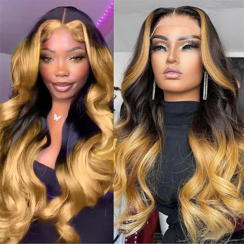 Glueless wig with a side - swept bang for a sophisticated lookeullair Colored Ombre Skunk Stripe 1b Honey Brown Body Wave Human Hair Lace Frontal Wig For Women