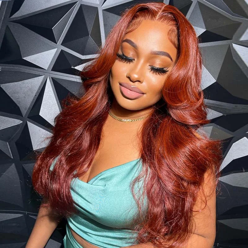 Glueless wig with a natural - looking root for a more realistic lookeullair Cooper Brown Body Wave Wig Glueless Layered Cut Curtain Bangs Orange Ginger Colored Human Hair Lace Frontal Wig