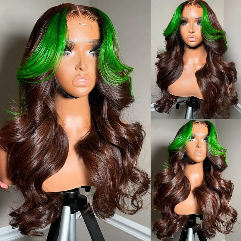 Glueless human - hair wig for a comfortable and natural feeleullair Dark Brown Body Wave Wig With Green Highlights Skunk Stripe Lace Frontal Human Hair Wig Pre Colored Glueless Wig