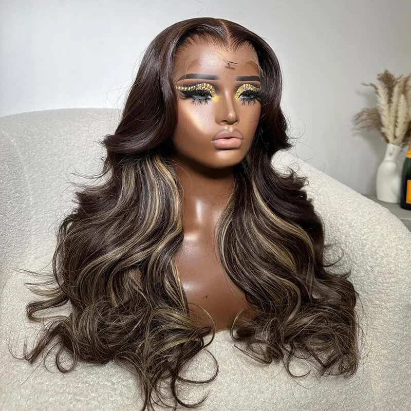 Glueless lace - front wig with a natural - looking hairlineeullair Dark Brown with Inner Honey Blonde Highlight Body Wave Wig With Curtain Bangs Pre Styled Glueless Lace Frontal Human Hair Wig