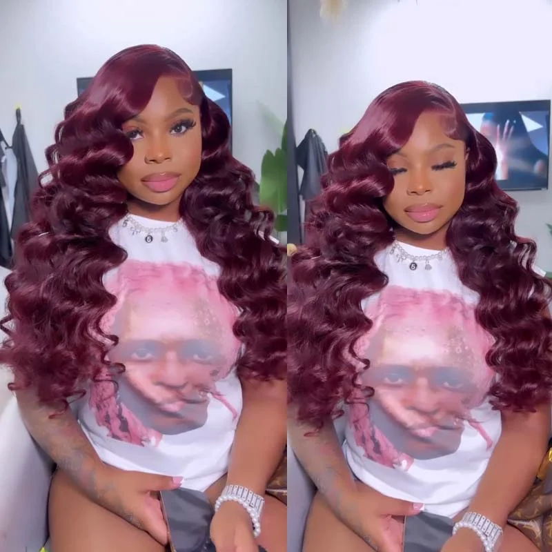 Glueless wig with a pre - plucked hairline for a more natural lookeullair Dark Burgundy Body Wave Wavy Lace Frontal Wig Affordable Auburn Brown Glueless Human Hair Wig