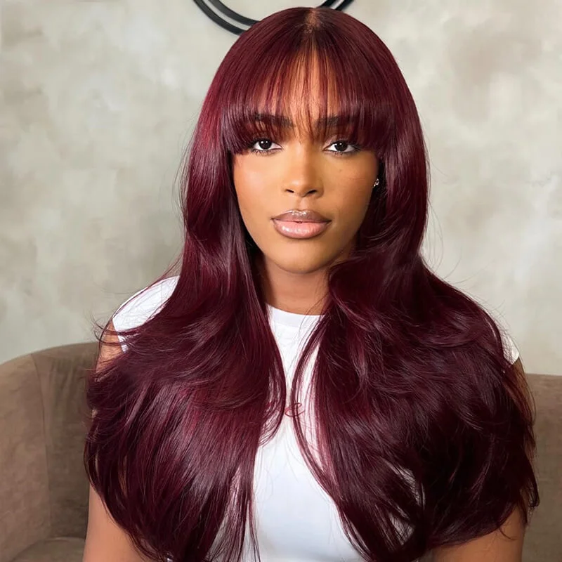 Glueless wig with a side - part for a more flattering lookeullair Dark Burgundy Layered Cut Straight with Bangs Glueless Human Hair Lace Frontal Wig For Women