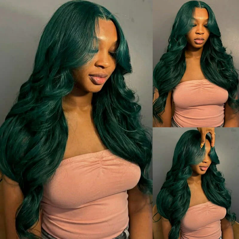 Glueless wig with a pre - plucked hairline for a more natural lookeullair Dark Green Body Wave Wig with Layered Curtain Bangs Glueless Human Hair Lace Frontal Wig For Women