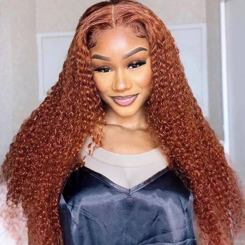 Glueless wig with a middle - part for a classic and elegant styleeullair Ginger Brown Kinky Curly Lace Frontal Wig Affordable Glueless Human Hair Wig For Black Women