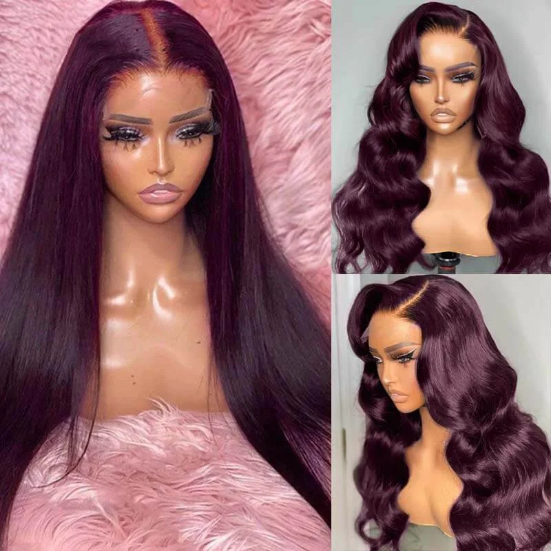 Glueless synthetic wig with a heat - resistant formulaeullair Gluelesss Dark Purple Plum Color Straight Human Hair Wig Body Wave Lace Frontal Wigs For Women