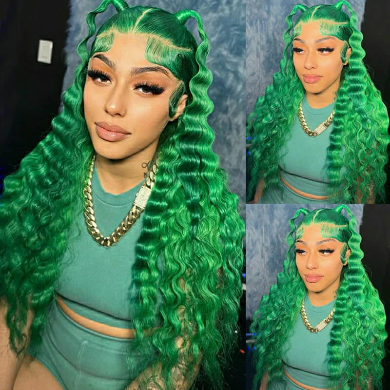 Glueless wig with a wavy texture for a beachy lookeullair Green Deep Wave Lace Frontal Wig Fashionable Glueless Human Hair Wig For Black Women