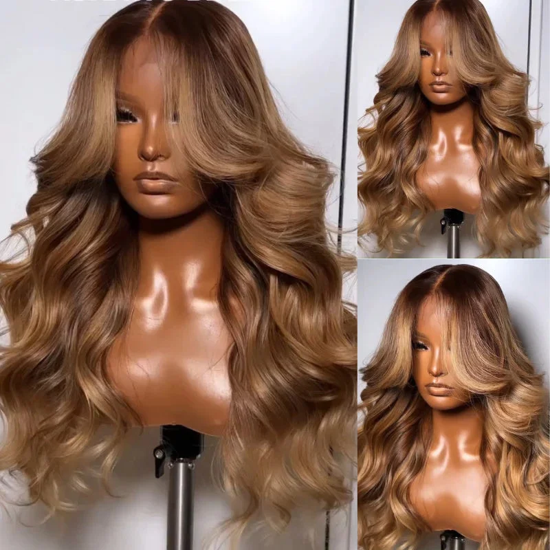 Glueless human - hair wig for a comfortable and natural feeleullair Highlights Brown with Blonde Human Hair Lace Frontal Wig Glueless Body Wave Wig With Curtain Bangs For Black Women