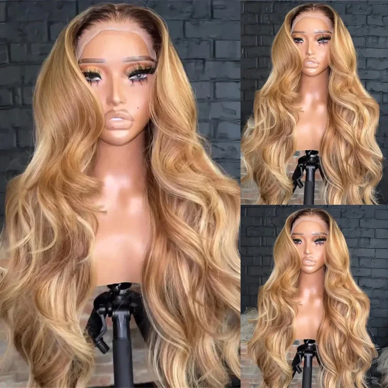 Glueless wig in a chestnut - brown color for a warm and rich appearanceeullair Honey Blonde Highlight Body Wave Curtain Bangs Wig Dark Roots Glueless Human Hair Lace Frontal Wig