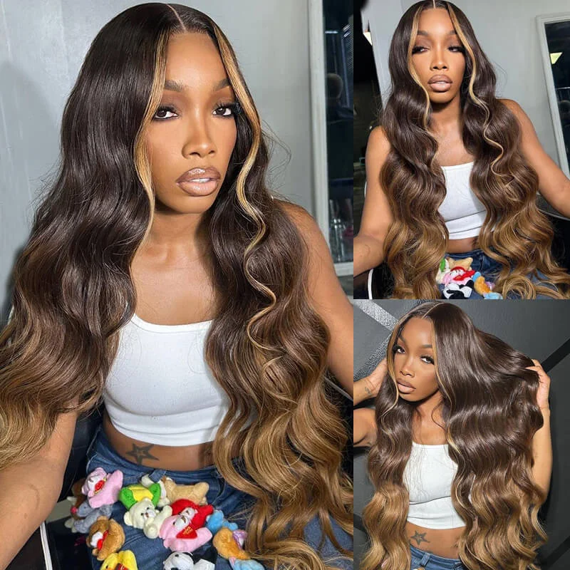 Glueless wig in a chestnut - brown color for a warm and rich appearanceeullair Honey Brown Skunk Stripe Body Wave Glueless Human Hair Wig Brown With Blonde Lace Frontal Wig