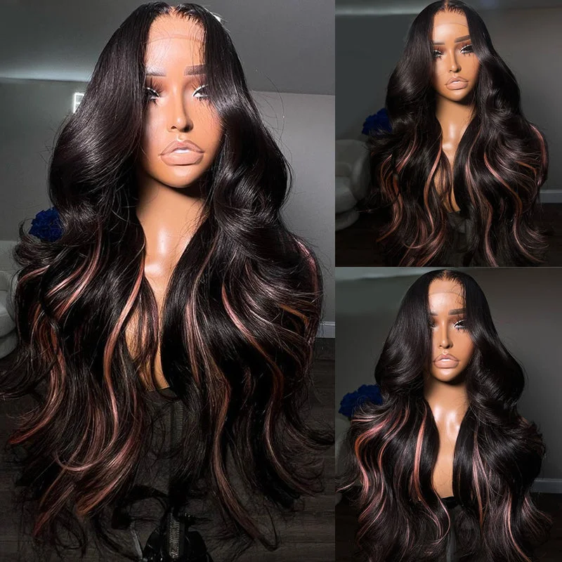 Glueless wig with a 180 - density for a full and thick appearanceeullair Body Wave Human Hair Wig With Inner Pink Highlights Glueless Lace Frontal Human Hair Wig